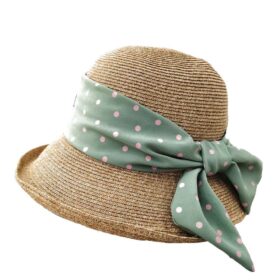 Casual Hat Straw braid upturned brim w polkdot sash bucket hat with natural/Li green
