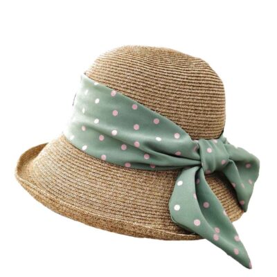 Casual Hat Straw braid upturned brim w polkdot sash bucket hat with natural/Li green